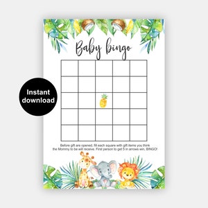 May include: A printable baby bingo card with a jungle theme. The card has a 5x5 grid with spaces for players to mark off items they think the new baby will receive. The card features a pineapple, a giraffe, an elephant, and a lion.