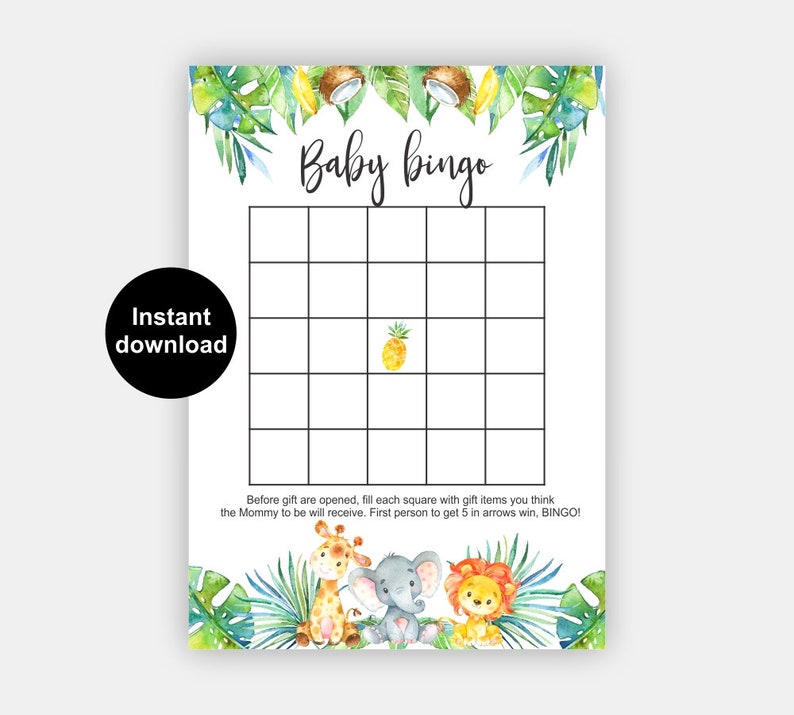 May include: A printable baby bingo card with a jungle theme. The card has a 5x5 grid with spaces for players to mark off items they think the new baby will receive. The card features a pineapple, a giraffe, an elephant, and a lion.