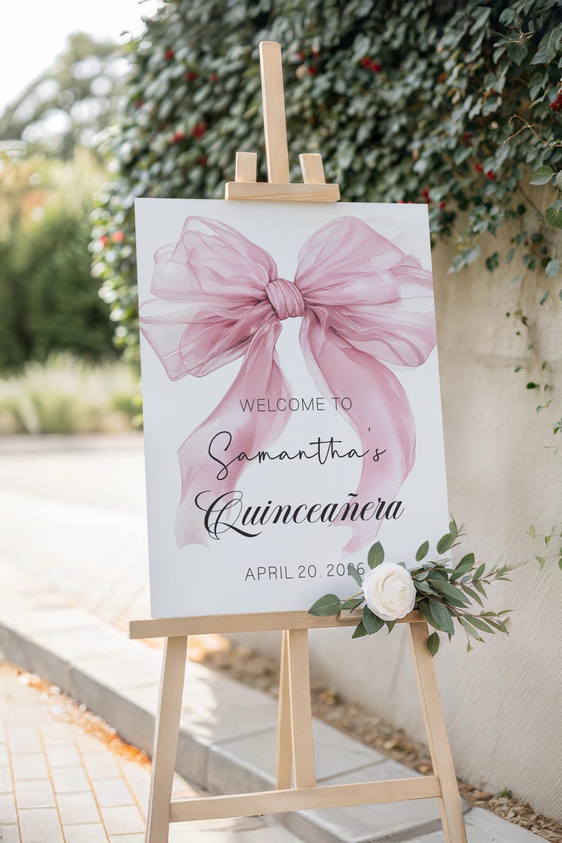 Pink Bow Quinceañera Welcome Sign | Coquette 15th Birthday Printable ...