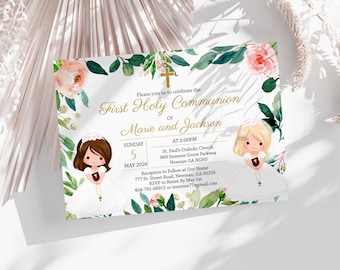 May include: A First Holy Communion invitation featuring floral and greenery accents, with the names Marie and Jackson in gold script. The invitation includes the date, time, and location details, along with illustrations of children.