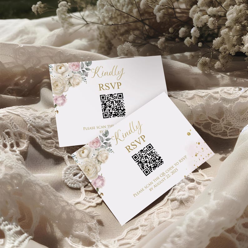 May include: Two white RSVP cards with floral designs and gold text. The cards display a QR code and the words "Kindly RSVP." One card includes the text "Please scan the QR code to RSVP by August 22, 2025."