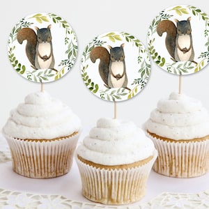 May include: Three cupcakes with white icing topped with round, white paper circles featuring a watercolour illustration of a squirrel holding a nut surrounded by green leaves.