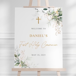 First Holy Communion Welcome Sign Template, Greenery Botanical Communion Poster, Table Decoration, Custom Printable sign, Eucalyptus Leaves