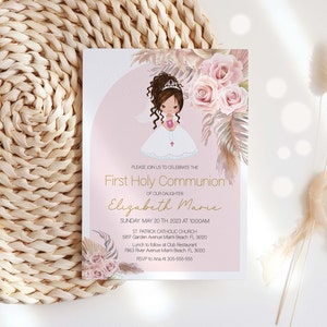 May include: A pink and white invitation card with a watercolor illustration of a girl in a white dress and a crown. The text on the card reads "First Holy Communion of our daughter Elizabeth Marie".