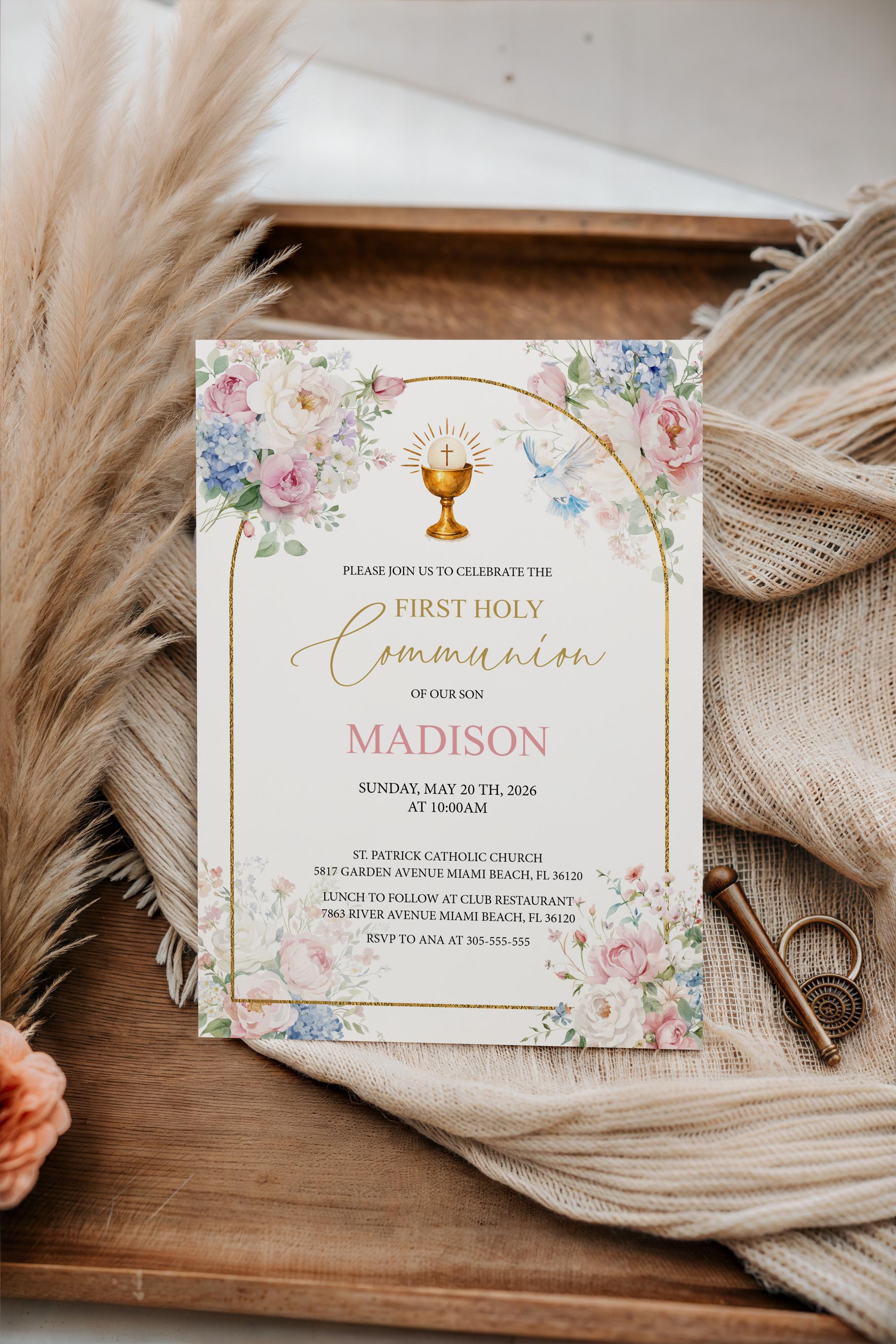 Girl First Holy Communion Invitation Template | Romantic Garden Floral ...