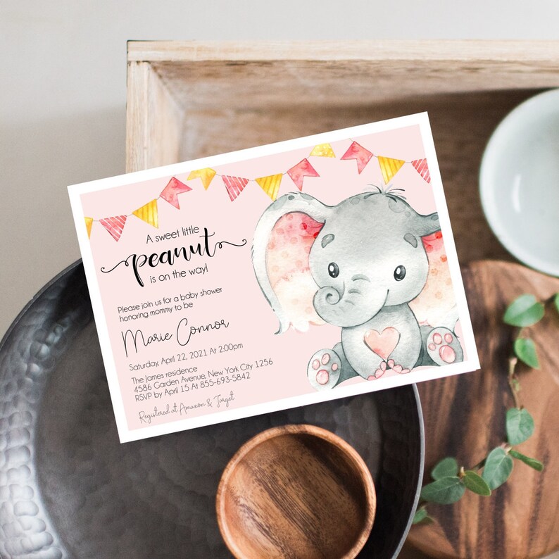 Inbjudan till babyshower med elefant, flicka, babyshower med liten jordnöt, inbjudningsmall, rosa babyshower, elefanttema, BABYINV0004 bild 1