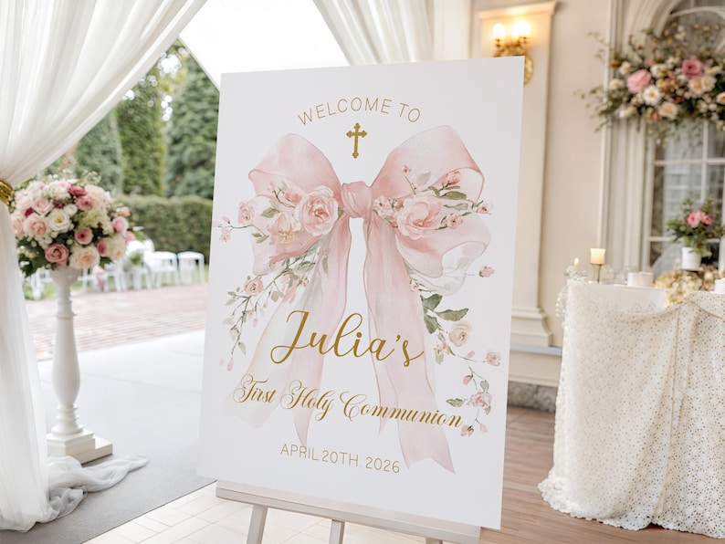 Pink Bow First Holy Communion Invitation Template | Coquette Floral ...