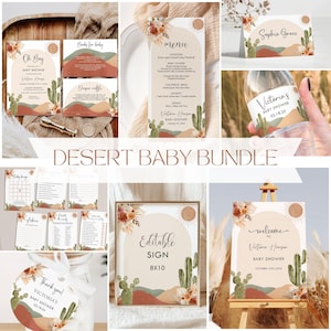Può includere: Un pacchetto di stampabili per baby shower a tema deserto che include un cartello di benvenuto, un menu, una lotteria di pannolini e altri articoli stampabili. Il design presenta un tramonto, cactus e montagne in tonalità di marrone, arancione e verde.