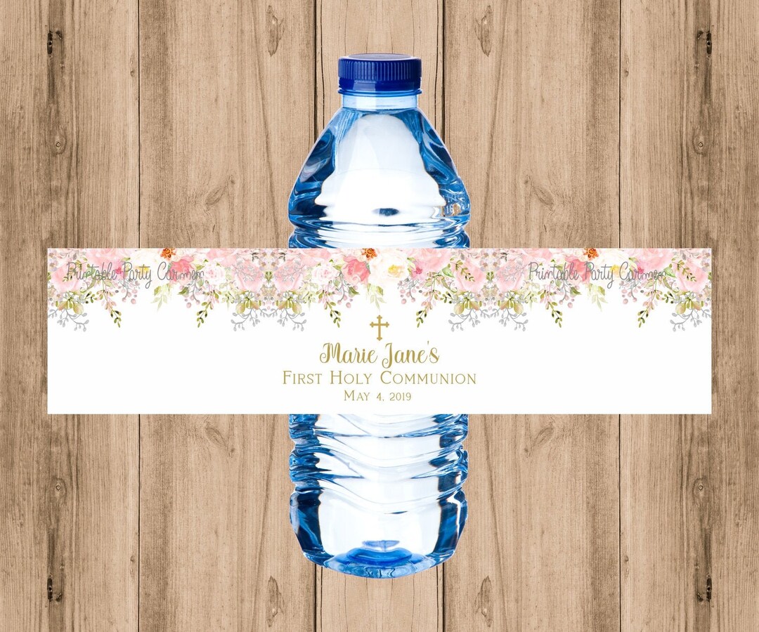 Etiquetas para botellas de agua para niña, primera comunión, etiquetas  personalizadas para imprimir, delicadas flores en acuarela rosa ruborizada,  ..., image size:1080x900