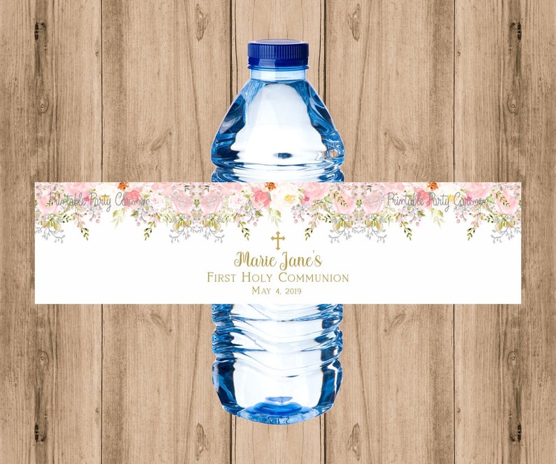 Water Bottle Labels Girl First Communion Blush Pink Watercolor Baptism 