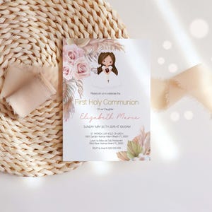 Blond Girl First Holy Communion Invitation, Boho First Holy Communion invitation, Printable Invitation, Editable Template, Pampas grass image 2