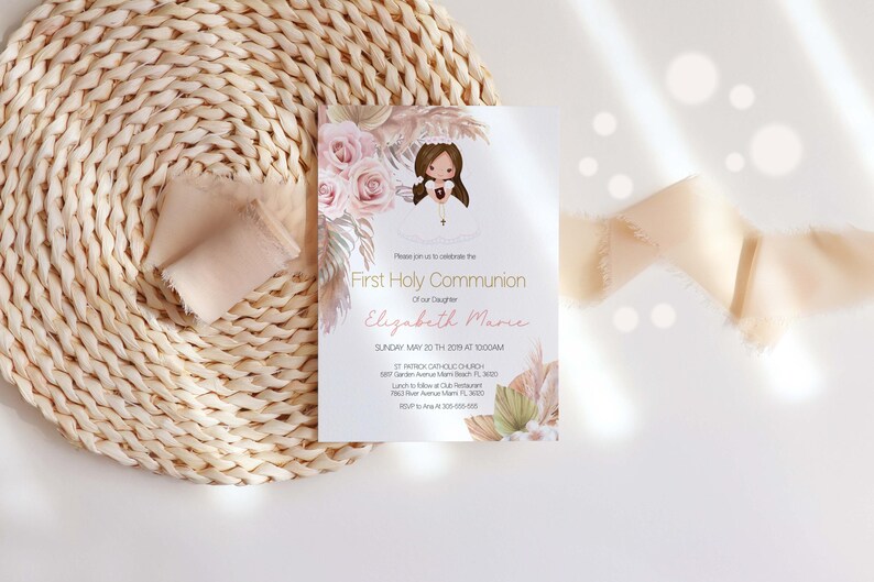 Blond Girl First Holy Communion Invitation, Boho First Holy Communion invitation, Printable Invitation, Editable Template, Pampas grass image 2