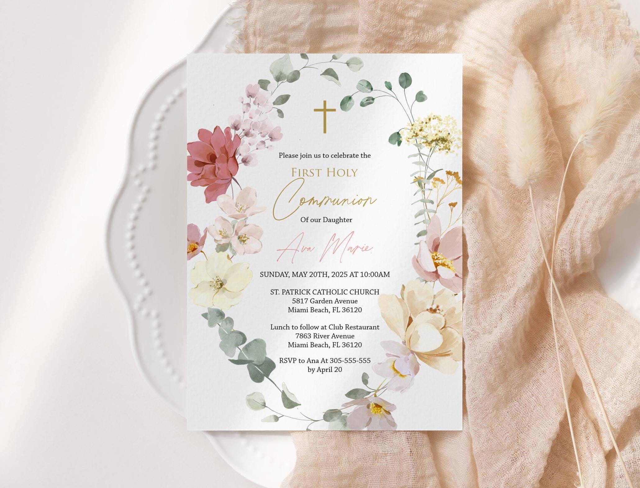 Girl First Holy Communion Invitation Template - Delicate Floral Wreath ...
