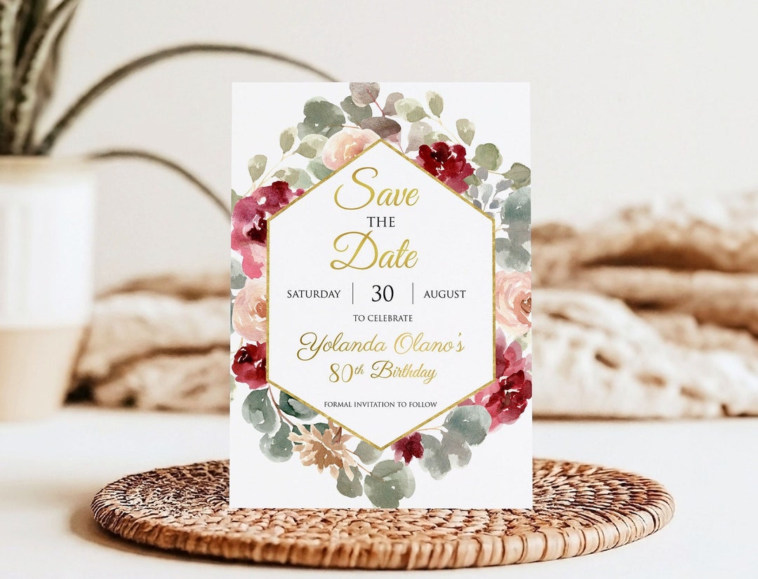 80th Birthday Save the Date - Burgundy Floral Watercolor, Editable ...