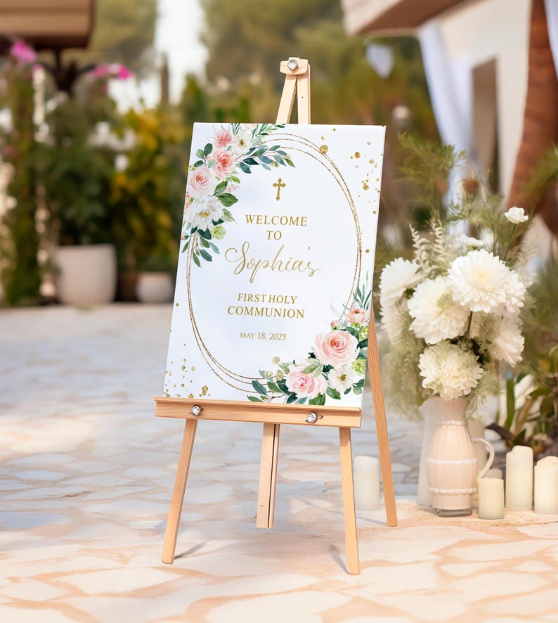First Holy Communion Welcome Sign | Floral Pink Blush & Gold Oval Frame ...