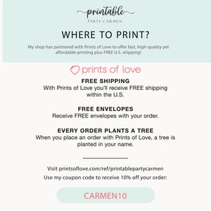 May include: A pink heart with the text "prints of love" above a white background with the text "WHERE TO PRINT?" and information about free shipping, free envelopes, and a tree planting program. The text "CARMEN10" is on a blue button.