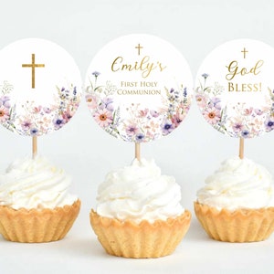 Cupcake Toppers for Girl First Holy Communion Template, Wildflower 1st Communion Girl, Printable First Communion Cupcake Decoration FC24
