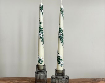 Green and white Hand painted floral taper candles