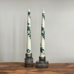 Green and white Hand painted floral taper candles