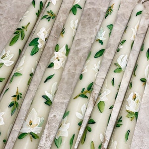 Magnolia Hand painted floral taper candles, set of 2