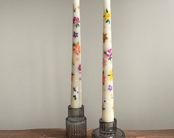 Mixed floral Hand painted taper candles, set of 2