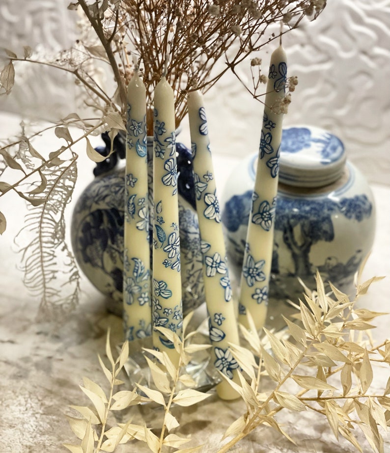 Chinoiserie inspired blue & white hand painted candles image 2