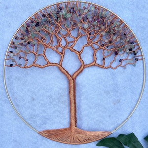 14” Flourite on Copper Wire Tree of Life Sculpture Wall Art Decor