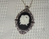 Oval Cameo Antique Silver Gothic Sugar Skull Roses Handmade Pendant Necklace Day of the Dead Dia De Los Muertos Vintage White on Black