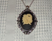 Oval Cameo Antique Silver Gothic Sugar Skull Roses Handmade Pendant Necklace Day of the Dead Dia De Los Muertos Vintage Ivory on Black