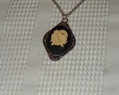 Oval Cameo Antique Silver Gothic Sugar Skull Roses 2 Handmade Pendant Necklace Day of the Dead Dia De Los Muertos Vintage Ivory on Black