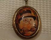 Opening Oval Art Bubble Glitter Cabochon Photo Locket Antique Brass Bronze Steampunk Orange Tabby Cat Top Hat Handmade Women 39 s Necklace