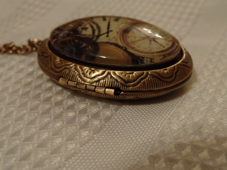 Opening Oval Art Bubble Glitter Cabochon Photo Locket Antique Brass Bronze Steampunk Clock Compass Gears Time Handmade Women/'s Necklace Punk