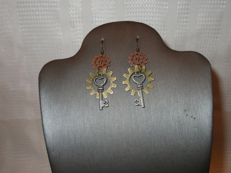 Steampunk Keys Key Drop Dangle Earrings Mechanical Gears and Cogs Gothic Antique Bronze Copper Silver Gold Punk Goth
