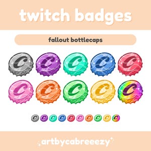 Könnte beinhalten: Neun bunte Cartoon-Flaschenverschluss-Abzeichen mit einem weißen "C" in der Mitte. Die Abzeichen sind in den Farben Grau, Lila, Türkis, Blau, Rot, Rosa, Orange, Grün und Regenbogen. Unter den Abzeichen befinden sich neun kleinere Versionen der Abzeichen in den gleichen Farben.