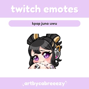 May include: Digital illustration of an anime-style character with black hair, purple eyes, and headphones. The character is blushing and has a shy expression. Text above reads "twitch emotes" and "kpop juno uwu". The artist's name is at the bottom.