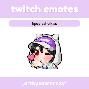 May include: A digital illustration of a cartoon character blowing a kiss, wearing a white hoodie with a purple and white cap. The image includes the text "twitch emotes" and "kpop ashe kiss". The artist's name, "artbycabreeezy", is also included.