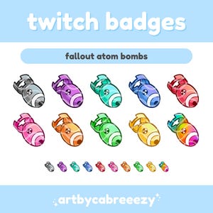 Könnte beinhalten: Ein Set mit 12 bunten Twitch-Badges, die Comic-Atombomben in verschiedenen Farben zeigen, darunter Pink, Orange, Gelb, Grün, Blau und Lila. Die Badges sind für die Verwendung auf der Twitch-Plattform konzipiert.