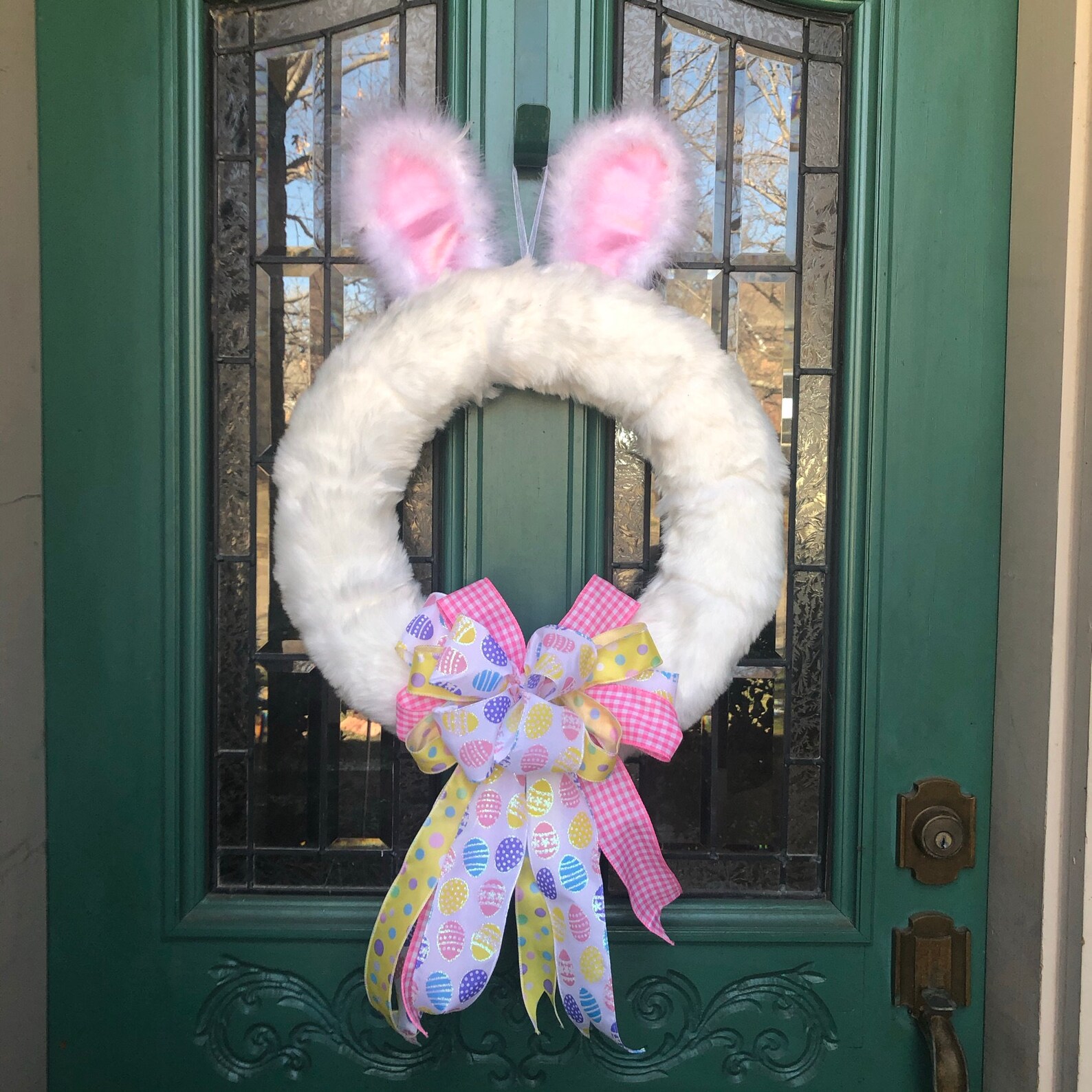 Couronne De Porte Pâques Lapin Mignon - Décoration Printanière Avec Fleurs Roses Et Nœud - Idéale Pour Porte, Fenêtre Ou Mur