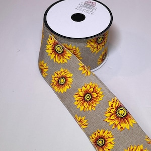 Sunflower ribbon, wired sunflower ribbon, 2.5 inches by 3 yards, Fall sunflower ribbon,