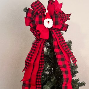 Christmas tree topper bow with Santa  Tree Topper for Christmas Tree, Red Santa Bow, Bow for Christmas tree, Bows with Long Streamers