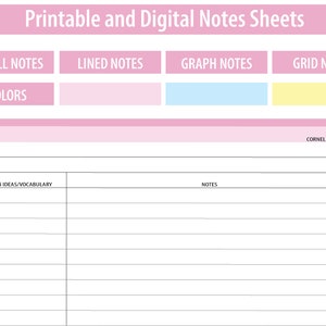 Notas imprimibles; Notas de Cornell; notas rayadas; Notas gráficas; Notas de cuadrícula; Perfecta para estudiantes de secundaria y universitarios; Descarga digital