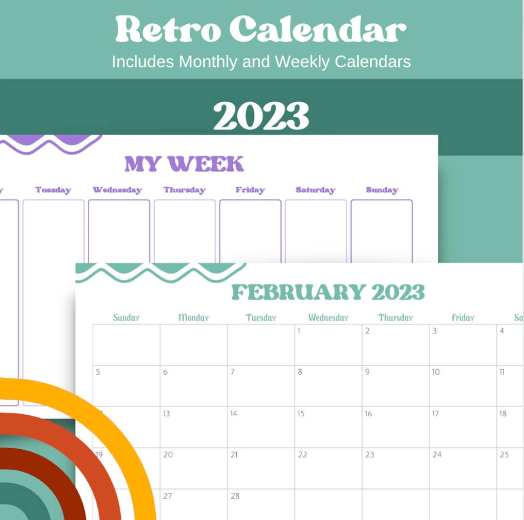 Printable Retro Calendar; Monthly Calendar; Weekly Calendar; Digital