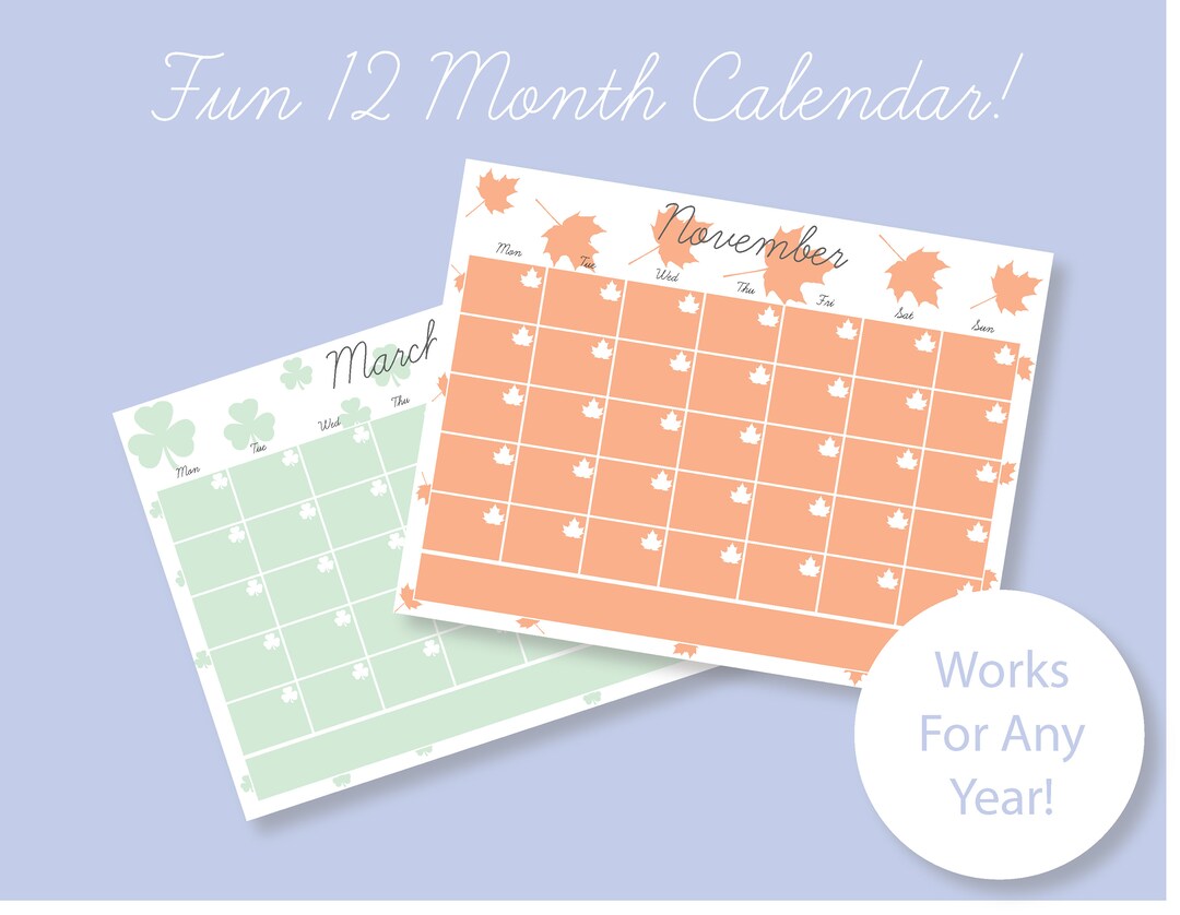Monthly Blank Calendar, Fun Design!, Printable, Digital Download ...