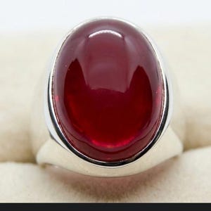 Certified Natural Ruby Mens Ring – Deep Red Oval Cabochon, Sterling Silver 925