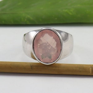 Natural Rose Quartz Ring, Solid 925 Sterling Silver, Handmade