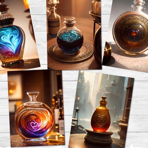 May include: Four glass bottles with different colored liquids and intricate designs. The bottles are on various surfaces, including a wooden table and a decorative stand.