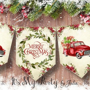 American Christmas Vintage Red Truck Bunting/Banner Digital Download