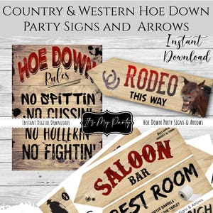 Puede incluir: Un conjunto de letreros y flechas para fiestas temáticas de country y western. Los letreros presentan frases como "Hoe Down Rules" y "Rodeo This Way". La paleta de colores incluye marrón, rojo y negro, con una estética rústica y vintage.