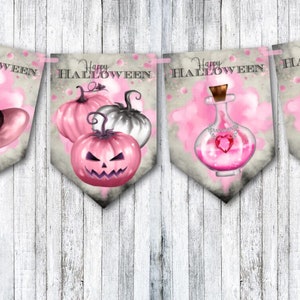 Pink Halloween Witches and Pumpkins Bunting DIGITAL DOWNLOAD