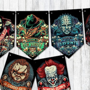 Banderines de Halloween con personajes de películas de terror para decoración de fiestas DESCARGA DIGITAL